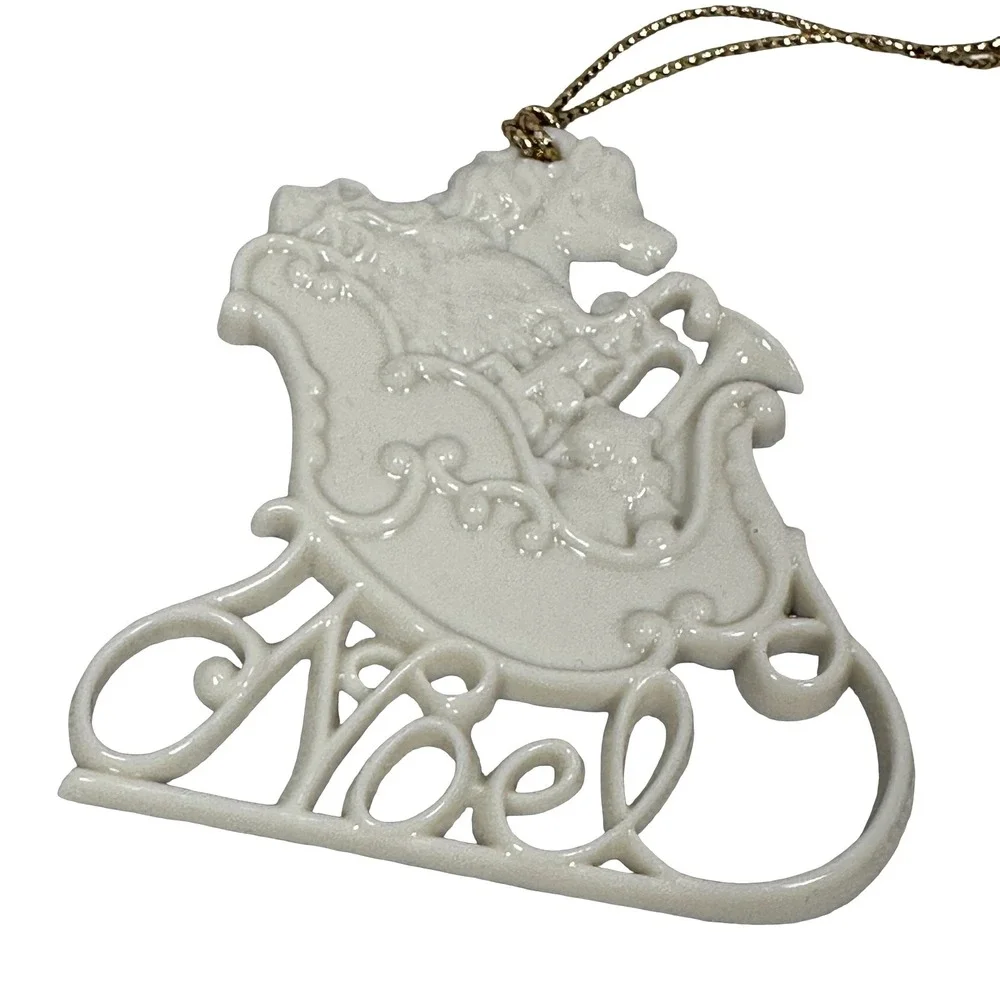 Lenox Porcelain Christmas Ornaments Set Noel Sleigh and Snowflake White Glazed